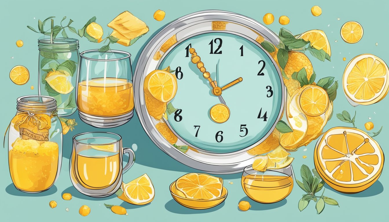 A person holding a glass of honey lemon water, surrounded by a clock showing the fasting period and various food items representing intermittent fasting