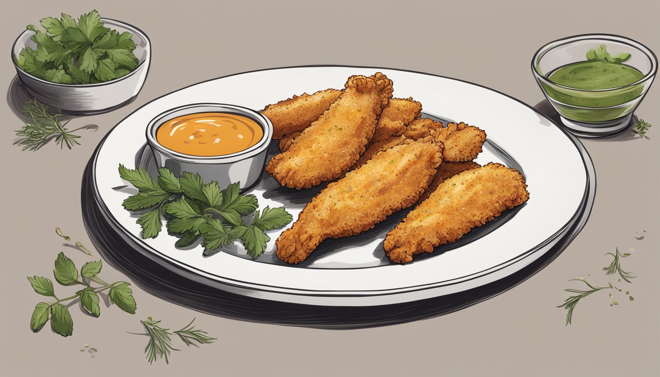 A plate of reheated chicken tenders garnished with herbs and served with a side of dipping sauce