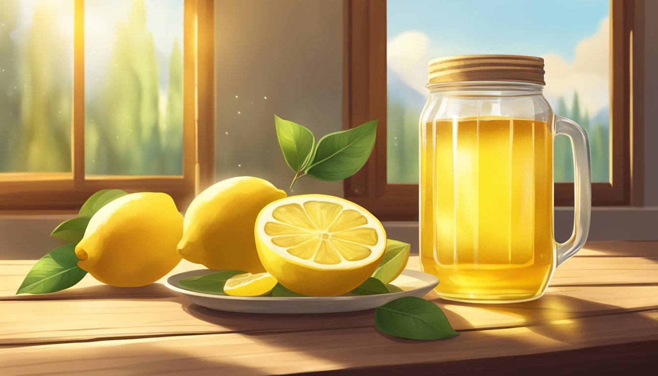 A glass of honey lemon water sits on a wooden table, surrounded by fresh lemons and a jar of honey. Sunlight filters through a window, casting a warm glow on the scene