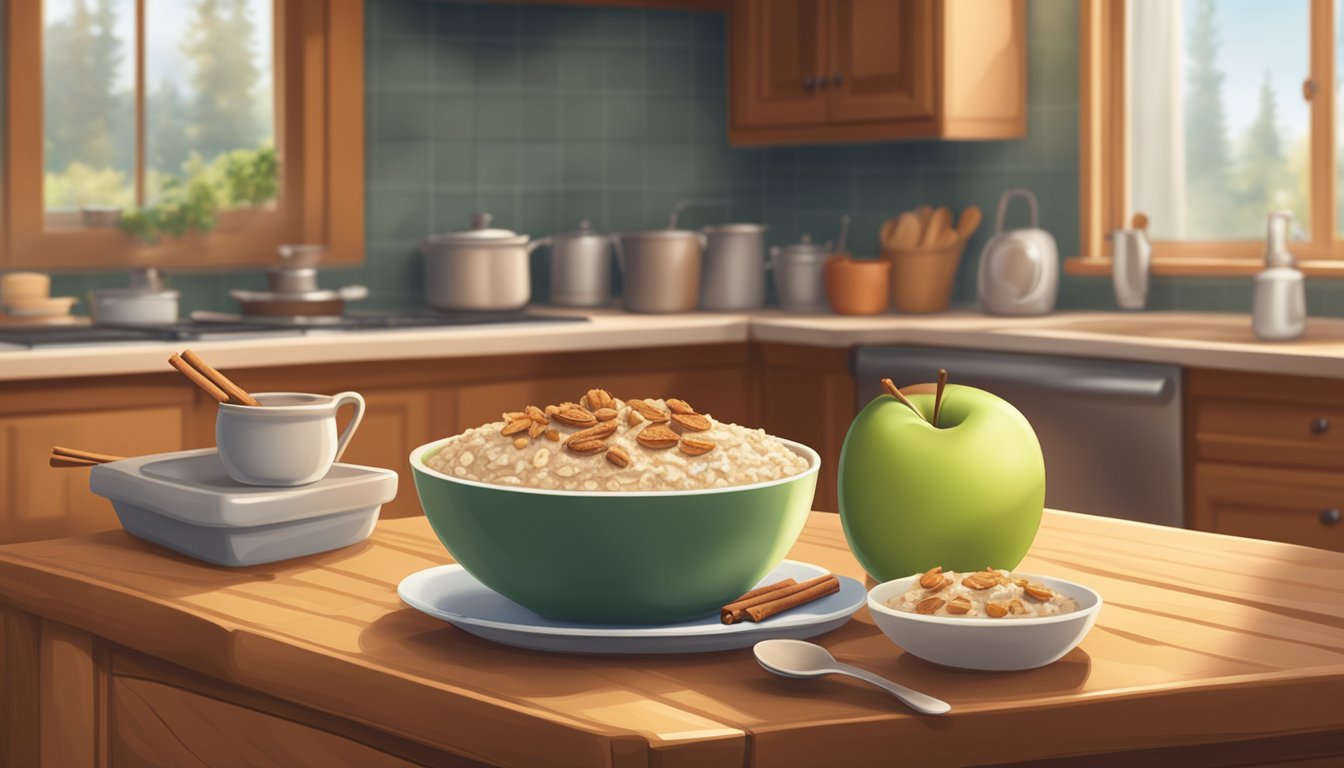 A steaming bowl of apple cinnamon oatmeal sits on a cozy kitchen table, surrounded by a warm, inviting atmosphere