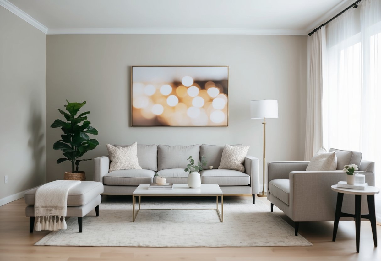 A living room with neutral walls, staged with minimal furniture and decor for a clean, inviting look