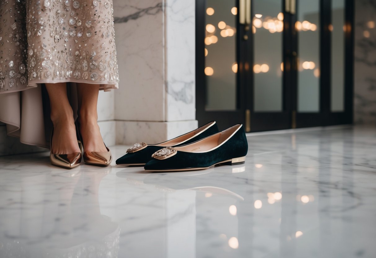 A pair of elegant flat shoes placed next to a glamorous, floor-length dress on a sleek marble floor