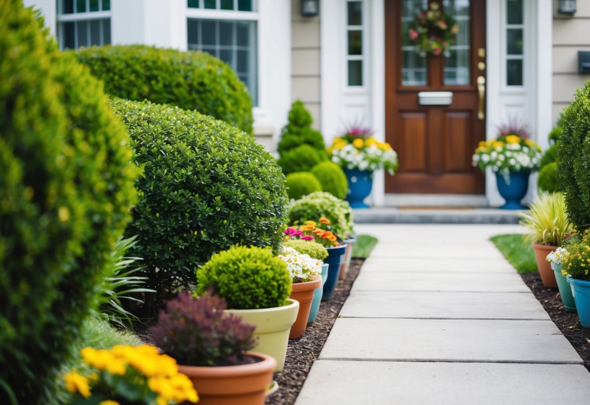 A small, tidy front yard with freshly trimmed bushes and colorful potted plants lining the pathway to the front door of a cozy, well-maintained home