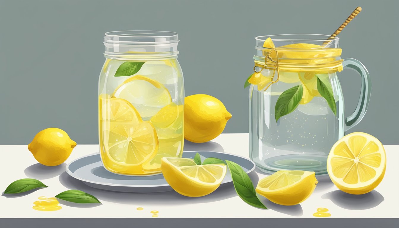 A glass of lemon water with a drizzle of honey, surrounded by fresh lemons and a jar of honey, set against a backdrop of a serene fasting environment