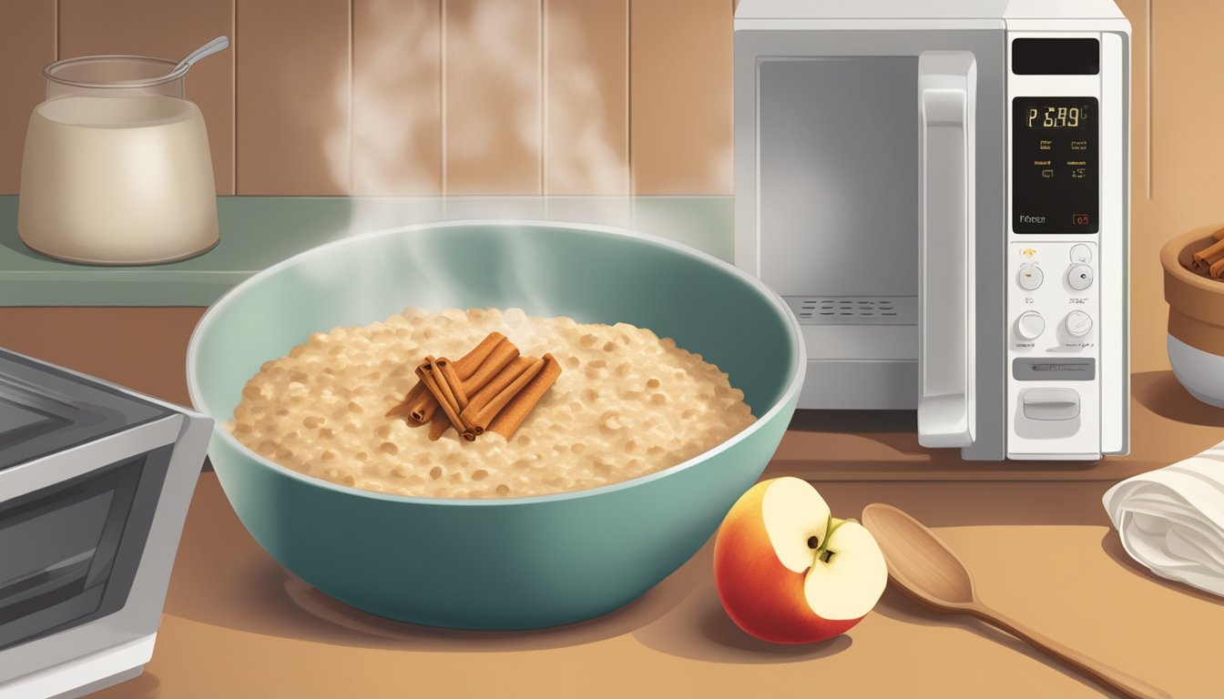 A bowl of cinnamon apple oatmeal being reheated in the microwave