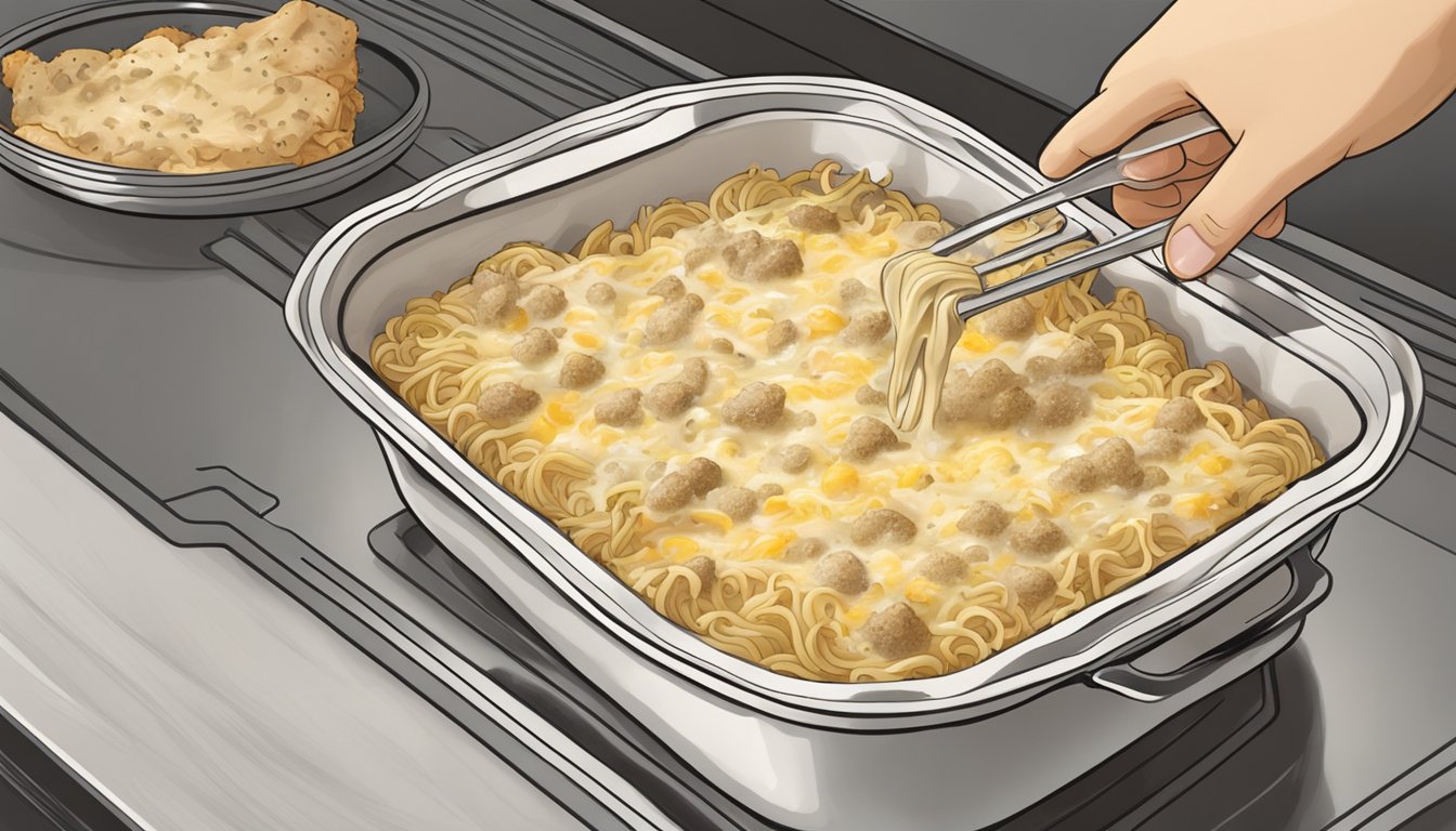 A steaming dish of chicken tetrazzini being removed from the oven, with a golden brown crust on top and steam rising from the creamy, cheesy filling