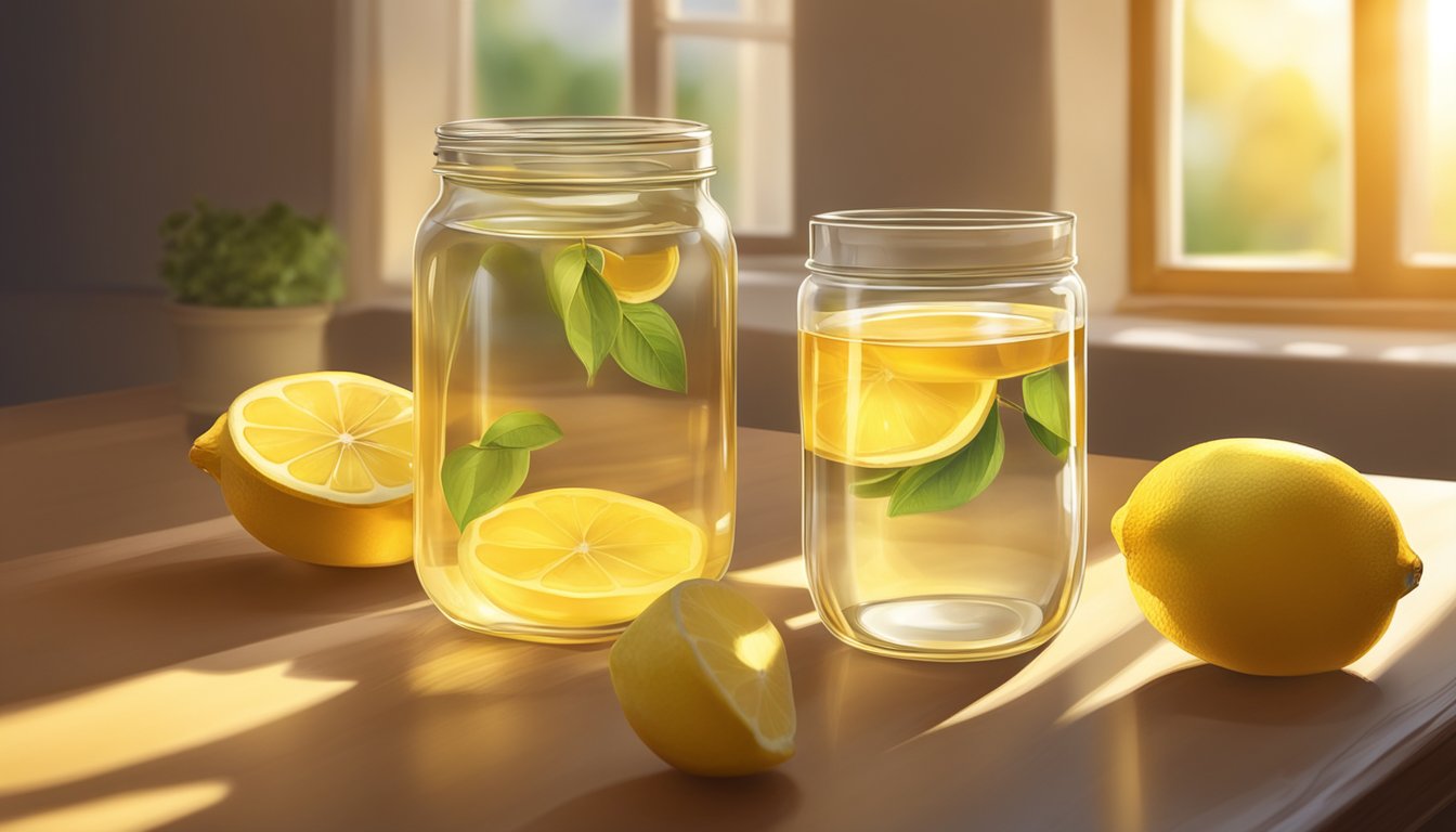 A glass of honey lemon water sits on a table, surrounded by fresh lemons and a jar of honey. Sunlight filters through a window, casting a warm glow on the scene