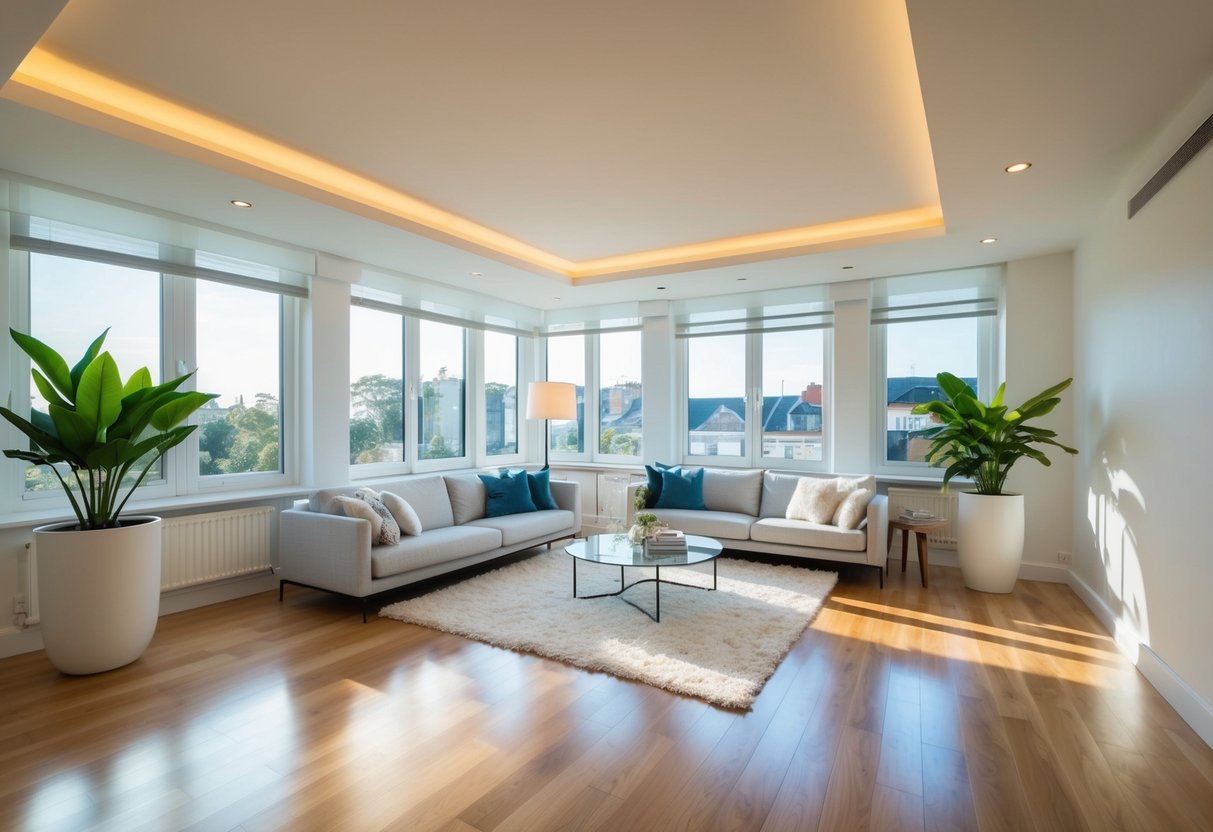 A well-lit room with natural and artificial light sources, creating a bright and inviting atmosphere