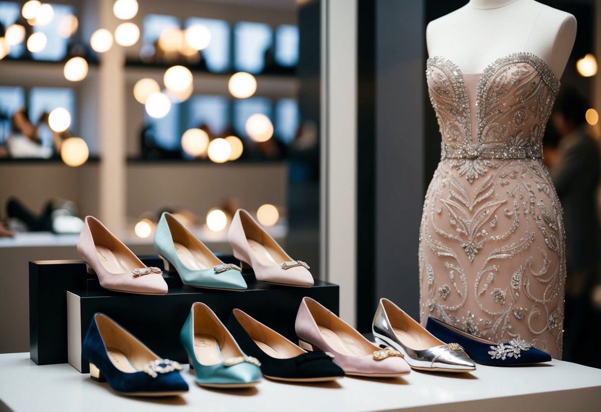 A display of elegant dress-compatible flats from top brands and designers, alongside a glamorous evening dress