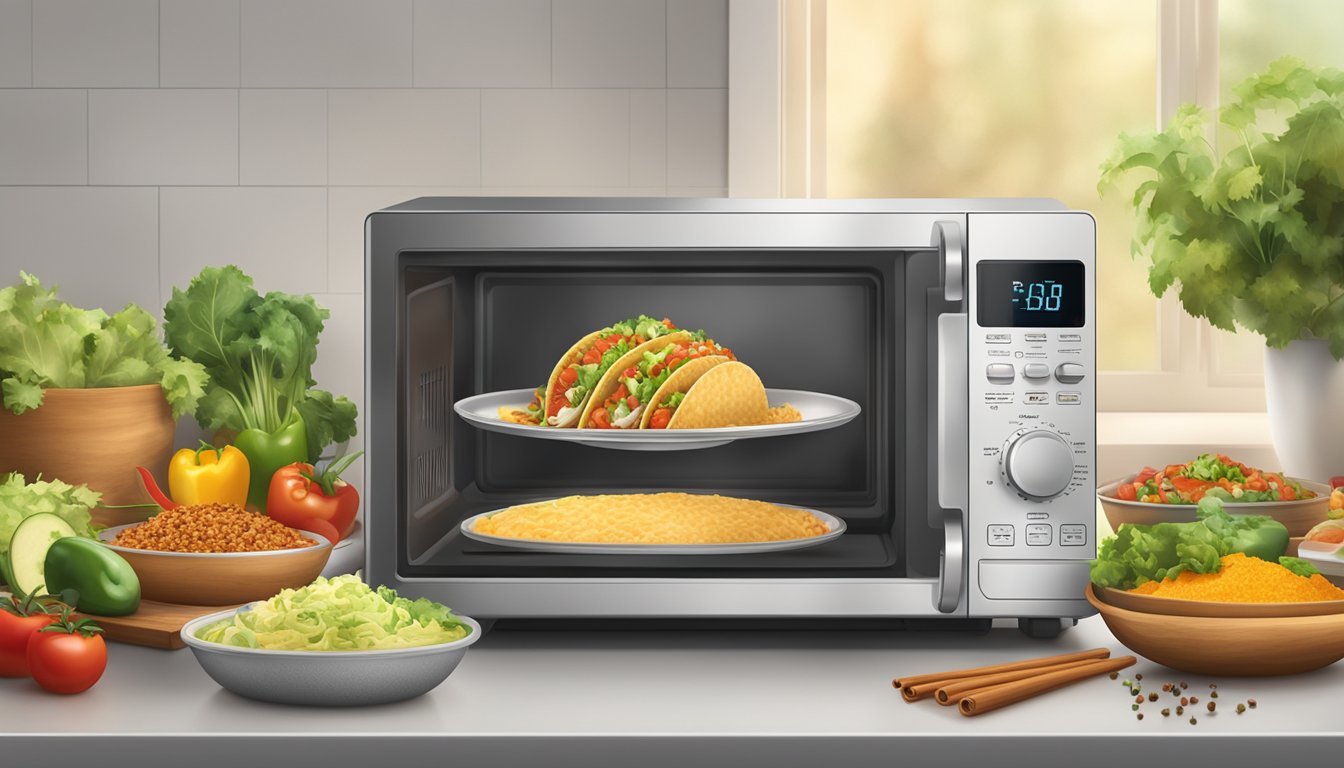 A microwave with a steaming chicken taco bowl inside, surrounded by fresh ingredients and spices