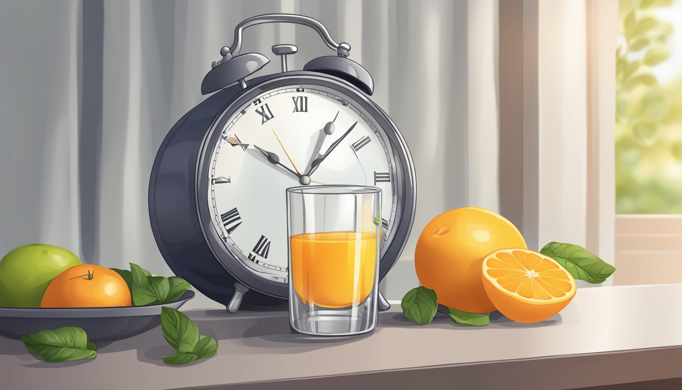 A glass of juice sits untouched next to a clock showing the time window for intermittent fasting