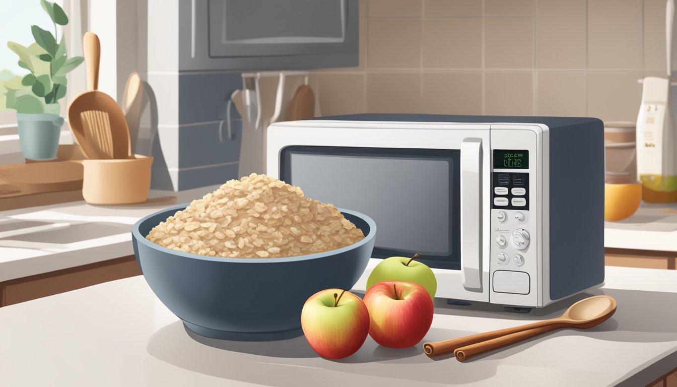 A bowl of cinnamon apple oatmeal sits on a kitchen counter next to a jar of oats and a basket of apples. A microwave and a spoon are nearby