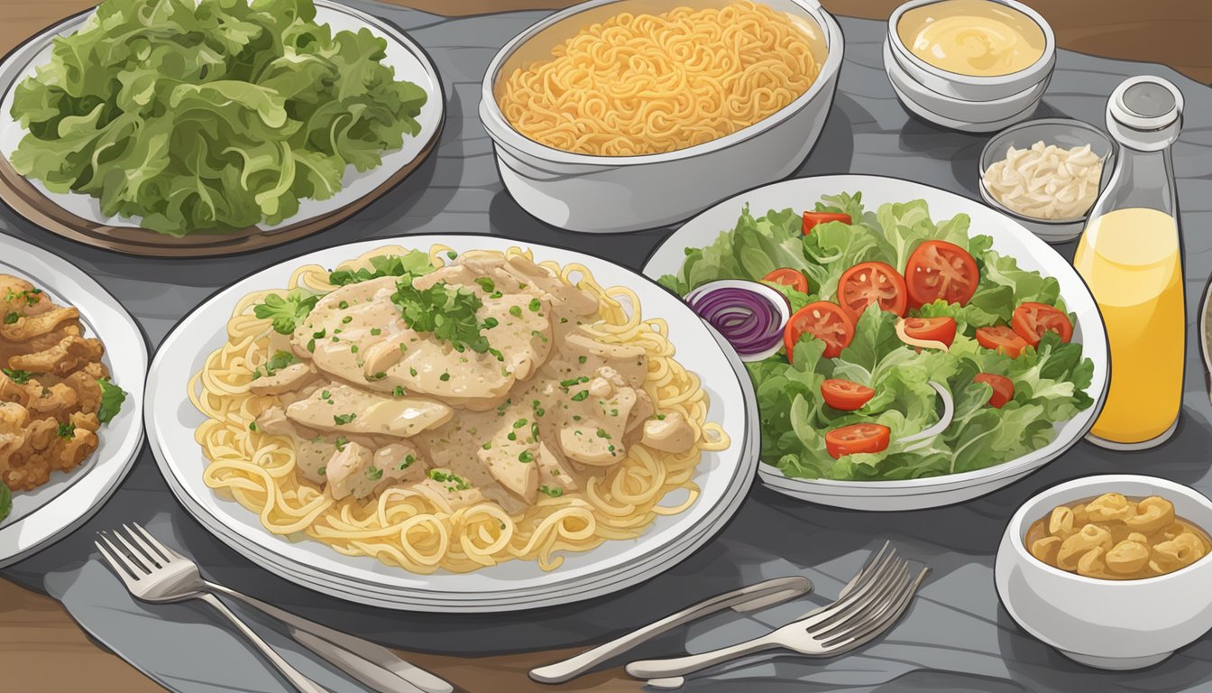 A plate of chicken tetrazzini sits in the center, surrounded by steaming side dishes and a bowl of fresh salad