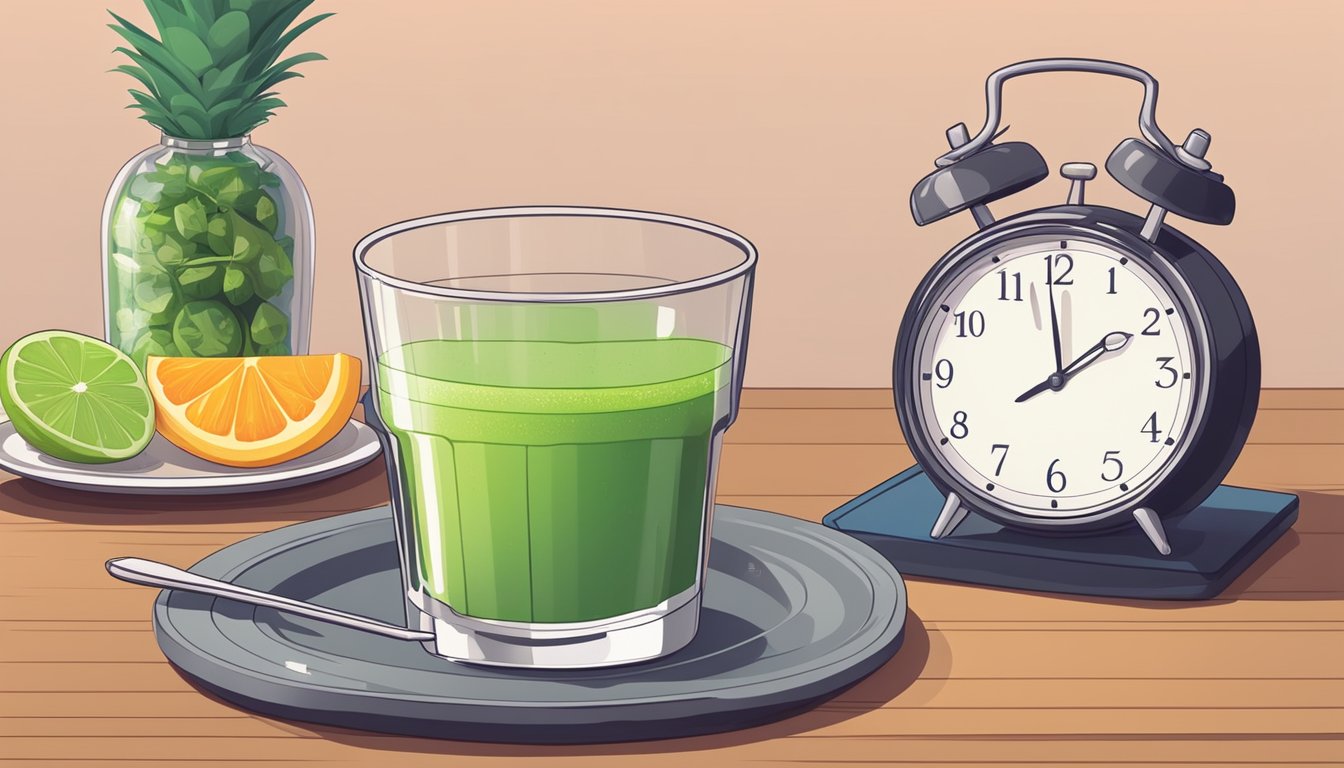 A glass of juice sits on a table next to a clock showing the time for intermittent fasting. A variety of additives and sweeteners are displayed nearby