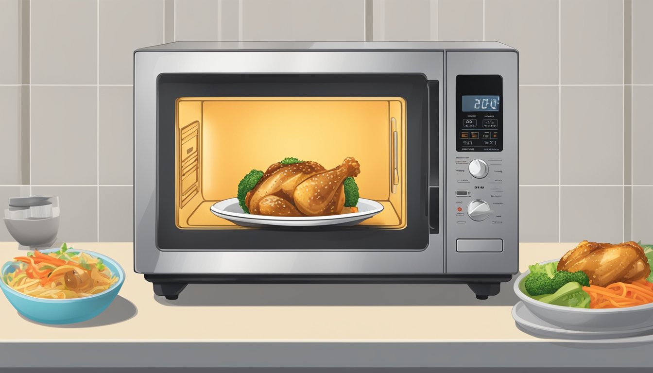 A microwave with a steaming chicken teriyaki bowl inside, a fork next to it, and a timer counting down