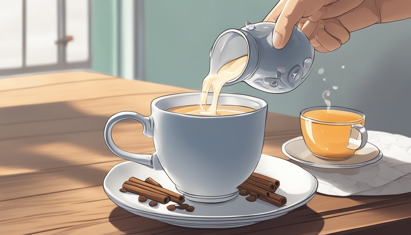 A hand pouring milk tea from a teapot into a delicate cup on a wooden table