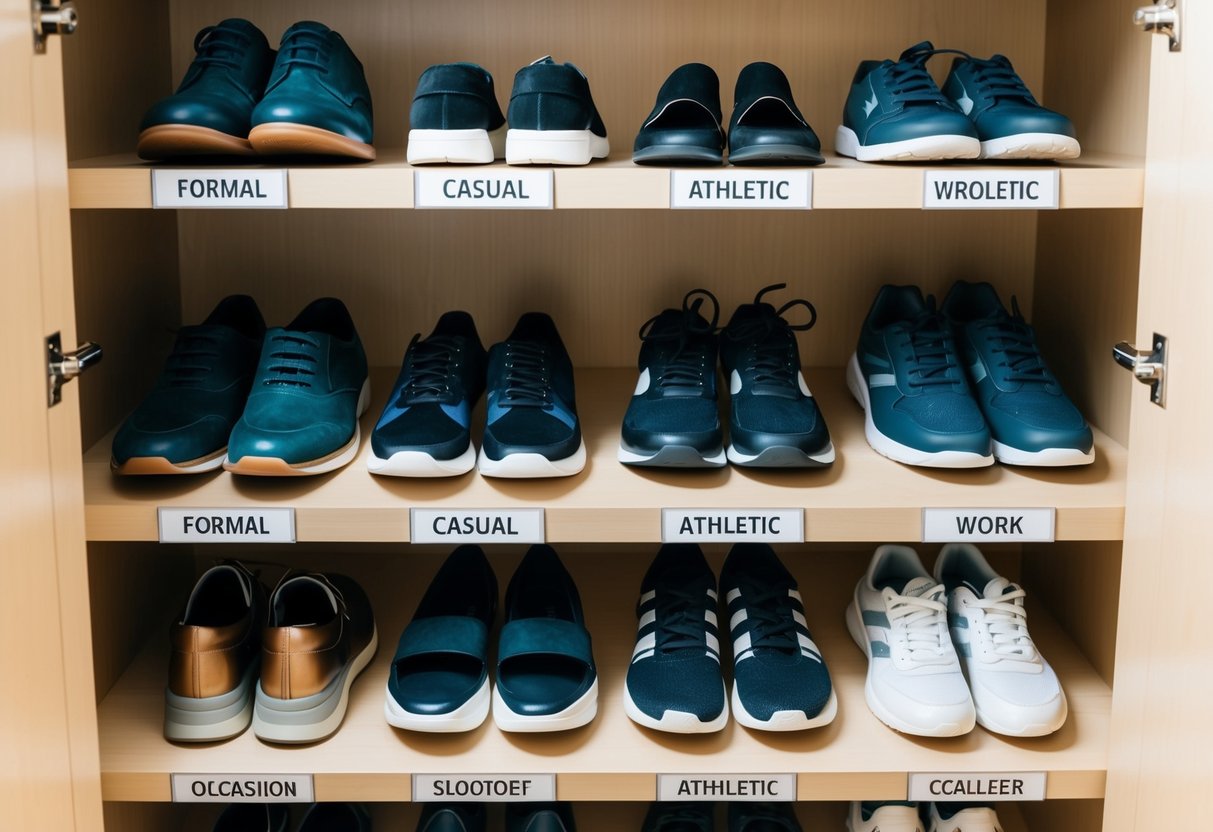 A closet filled with various types of shoes arranged neatly on shelves, with labels indicating different occasions such as formal, casual, athletic, and work