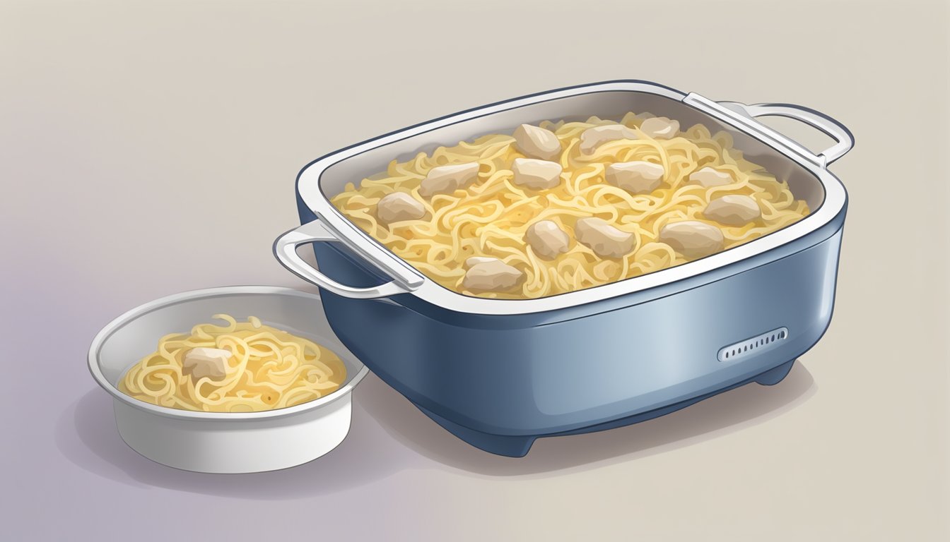 A plate of chicken tetrazzini sits in a microwave, steam rising as it heats. The dish is covered with a microwave-safe lid to prevent drying