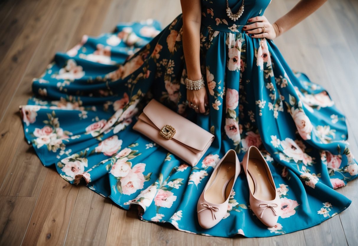 A floral dress with a flowing skirt and delicate ballet flats, paired with a statement necklace and a chic clutch
