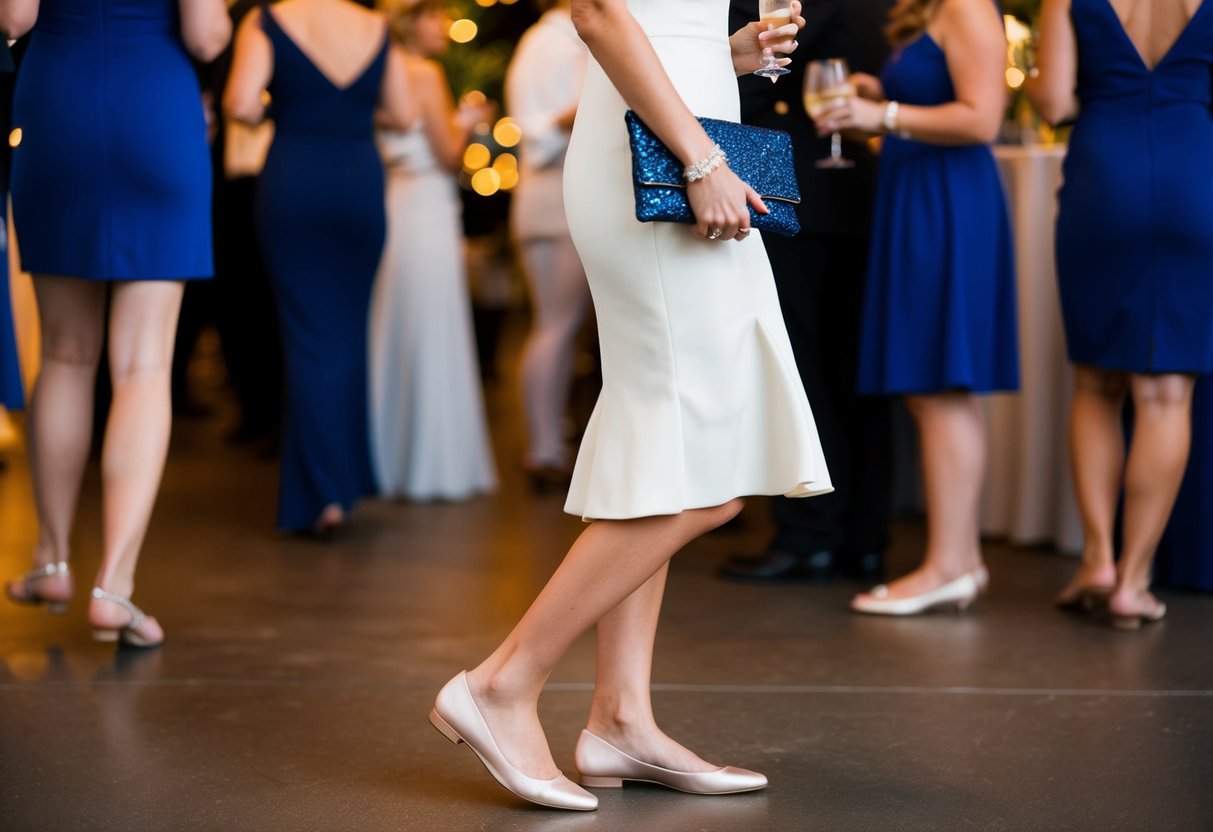 A woman in a stylish cocktail dress and elegant flats, holding a clutch and mingling at a wedding reception