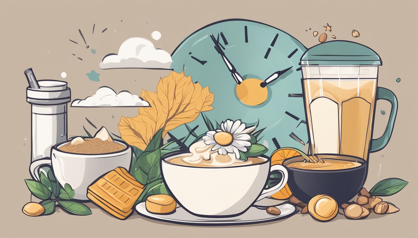 A cup of milk tea with various sweeteners and additives, surrounded by a clock showing intermittent fasting hours