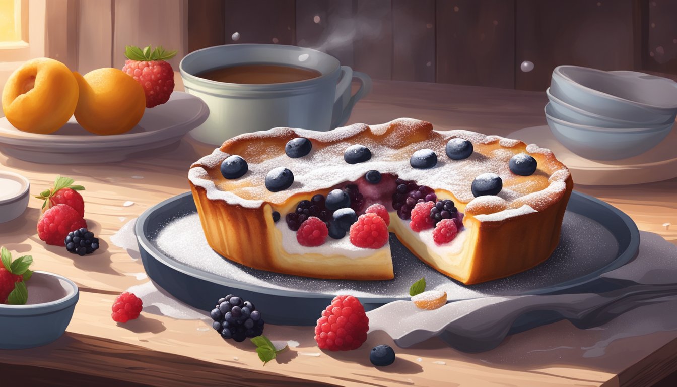 A fresh clafoutis sits on a rustic table, surrounded by scattered berries and a dusting of powdered sugar. A warm oven emits a soft glow in the background