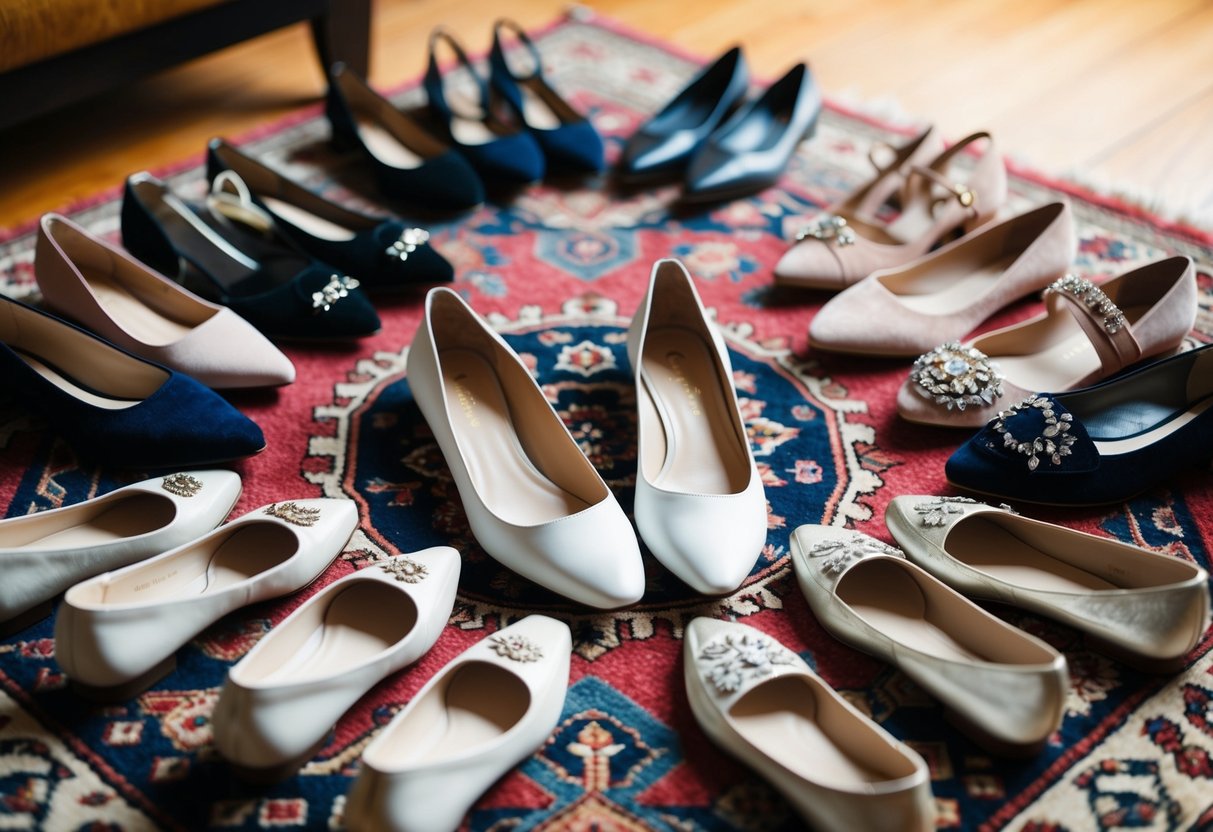 A pair of elegant flat shoes surrounded by various non-traditional footwear options, such as stylish ballet flats, embellished sandals, and sleek loafers, displayed on a decorative rug in a well-lit room