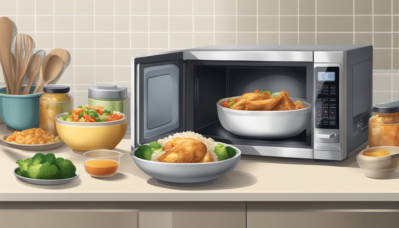 A microwave with a steaming chicken teriyaki bowl inside, surrounded by utensils and condiments on a kitchen counter