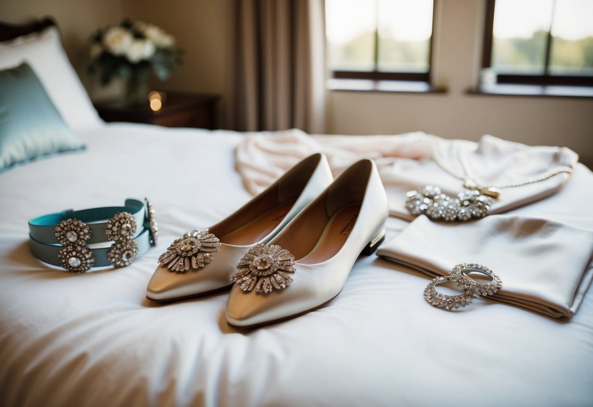 A pair of elegant flat shoes laid out next to a stylish dress and matching accessories on a bed, ready to be worn to a wedding