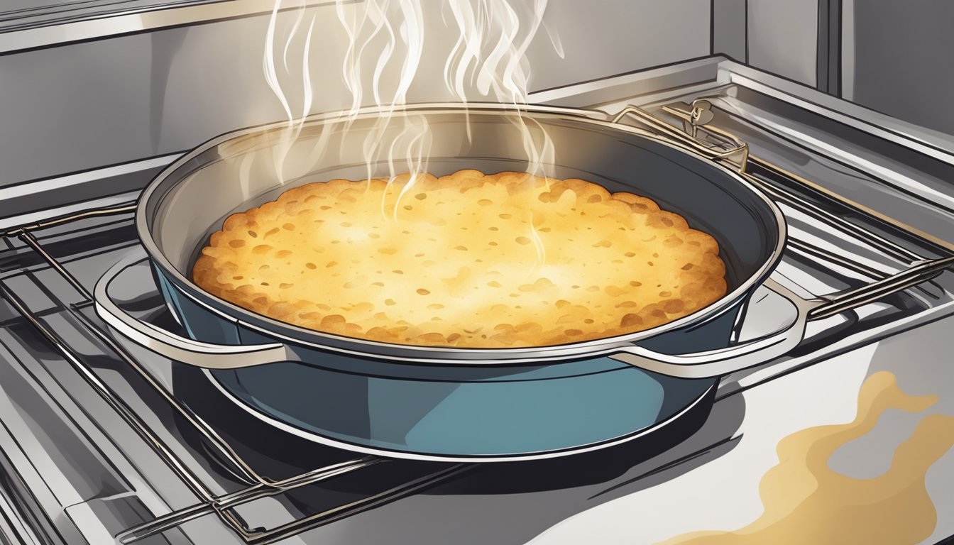 A clafoutis being reheated in an oven, with steam rising from the dish and a golden brown crust on top