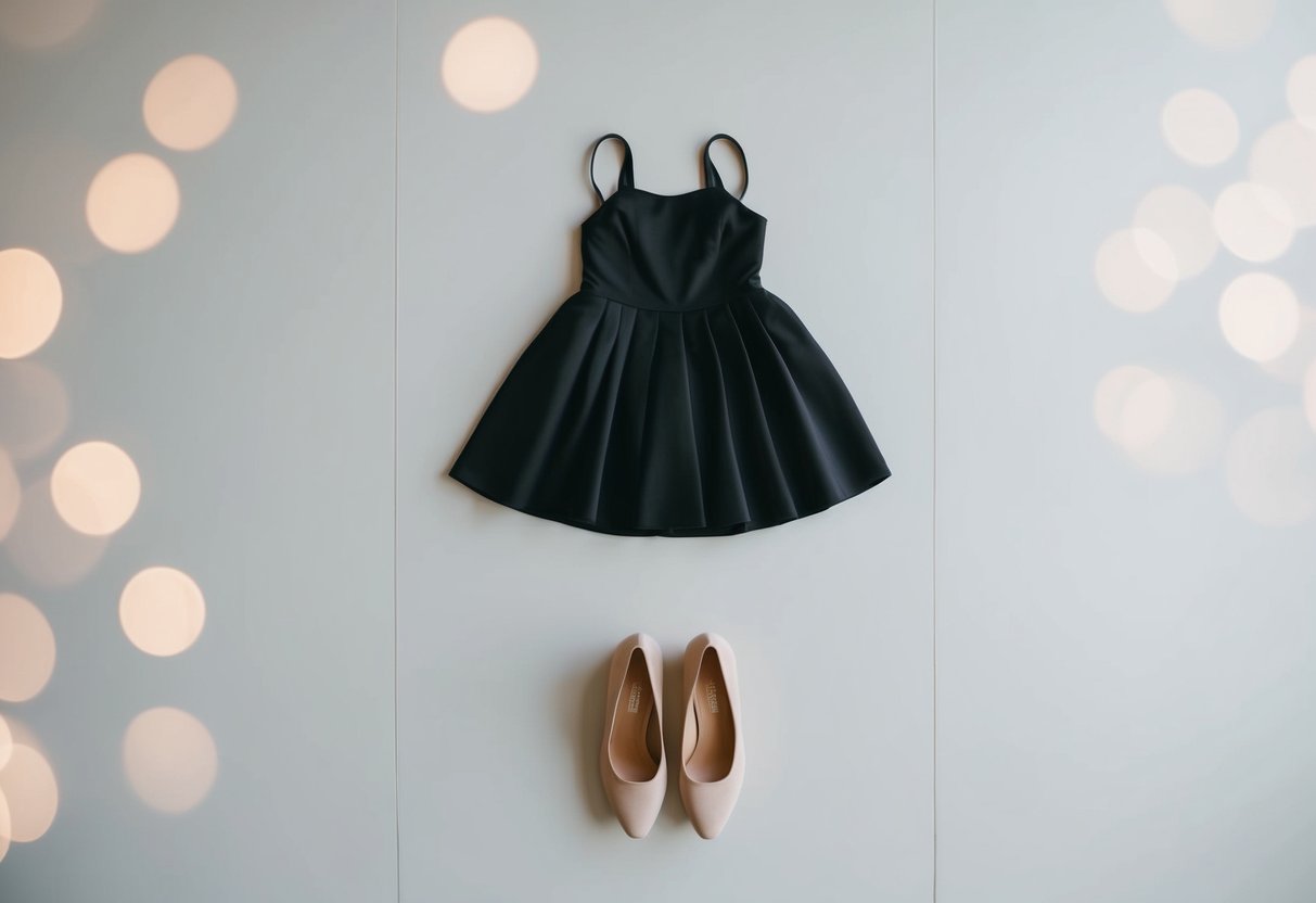 A black dress and beige shoes arranged on a clean, minimalist background