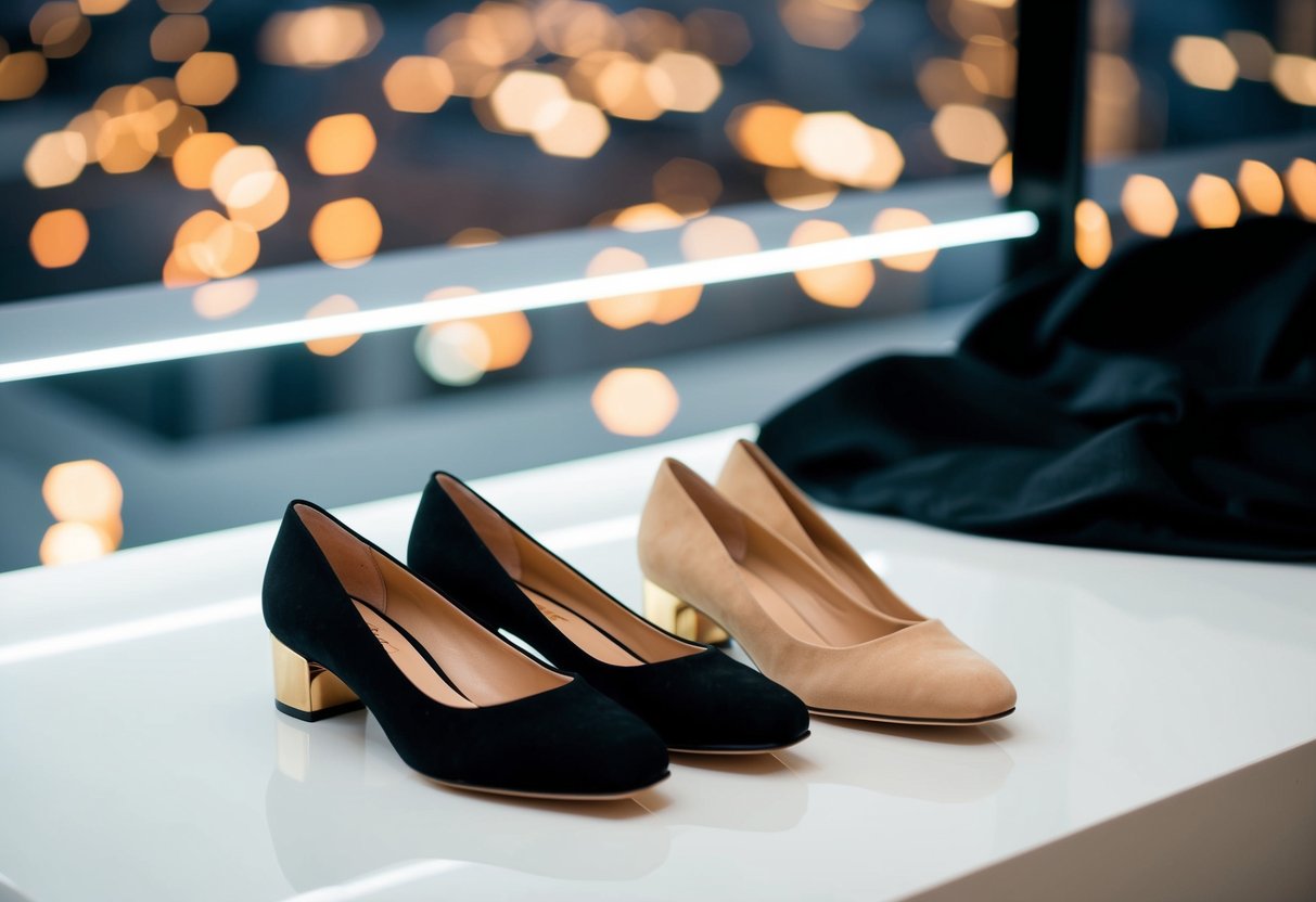 A black dress and beige shoes arranged on a sleek white surface