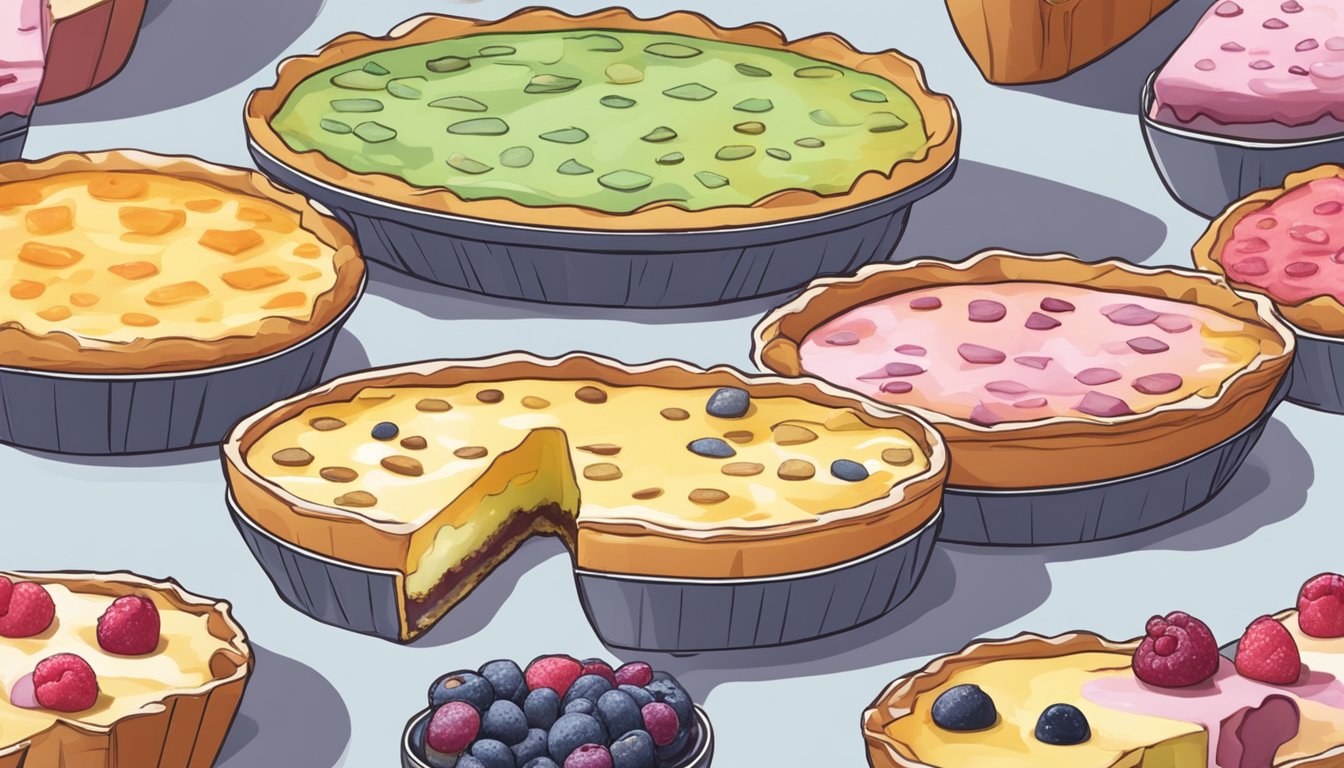 A collection of different types of clafoutis arranged on a table, with steam rising from the freshly reheated desserts