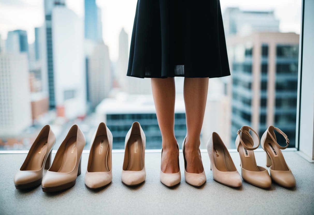 A black dress paired with beige shoes, showcasing different styles and types of beige footwear