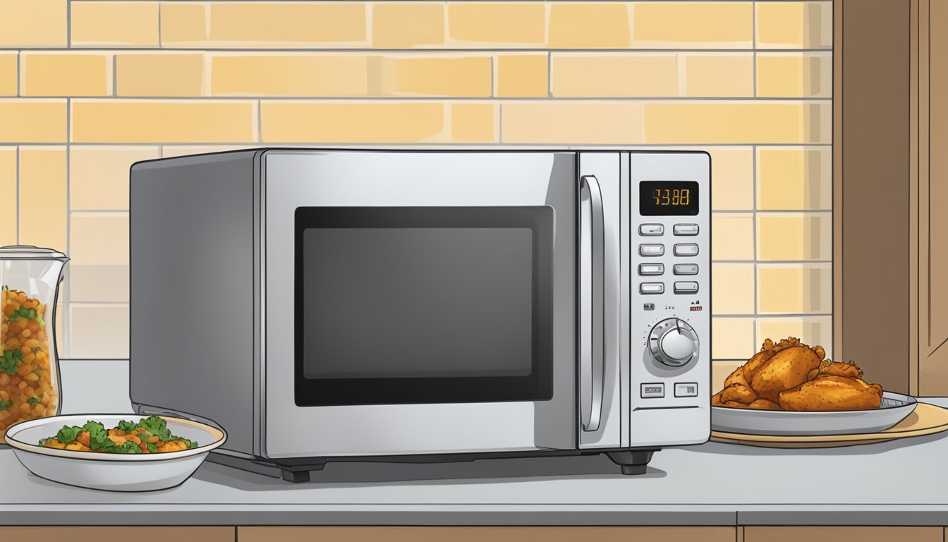 A microwave with a plate of chicken vindaloo inside, a fork next to it, and a timer set for reheating