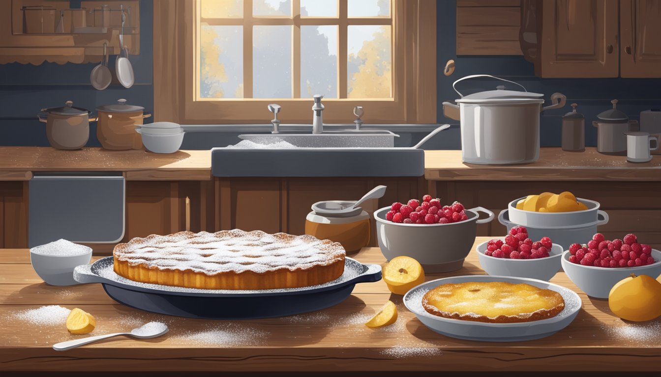 A rustic kitchen with a golden-brown clafoutis resting on a wooden table, surrounded by scattered berries and a dusting of powdered sugar