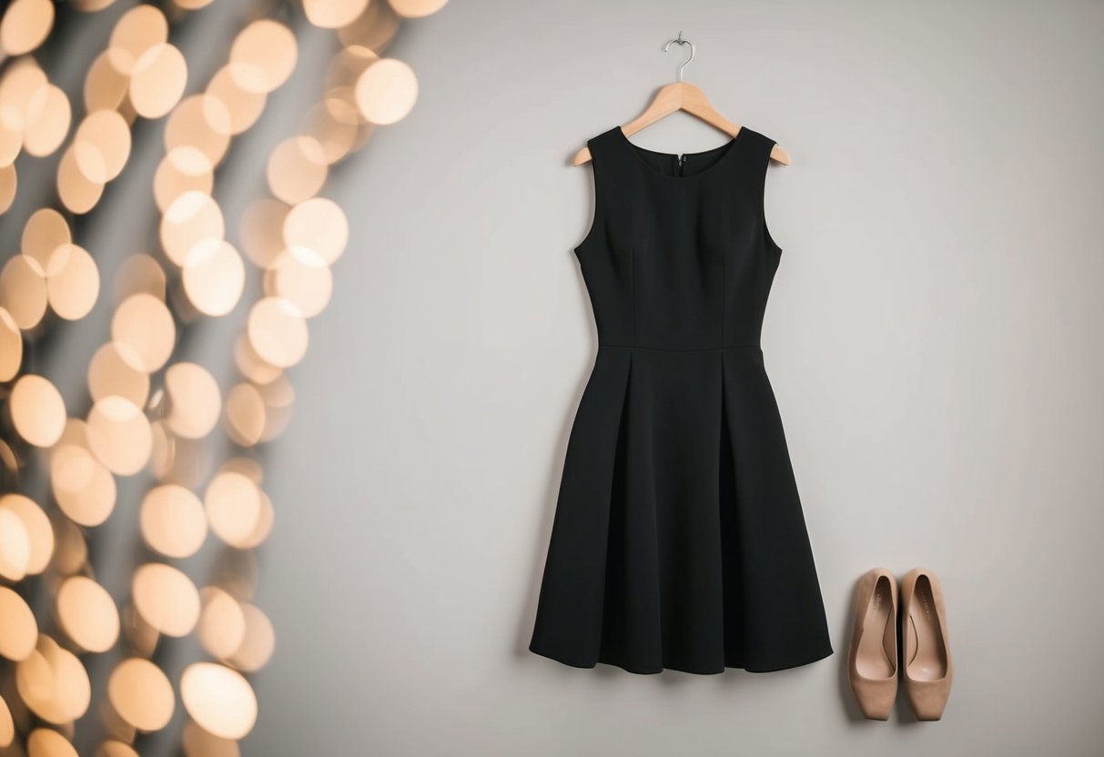 A black dress paired with beige shoes, set against a neutral background