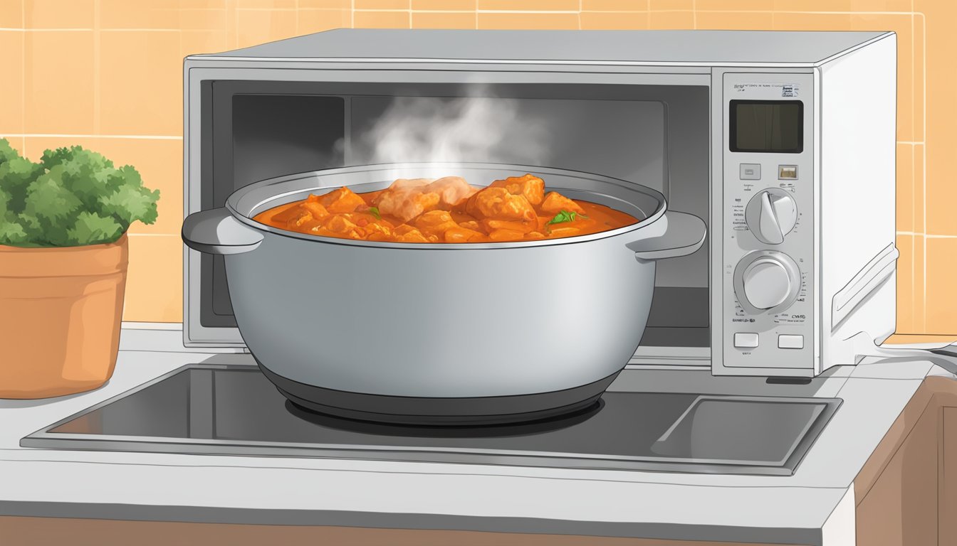 A bowl of chicken tikka masala being heated in a microwave