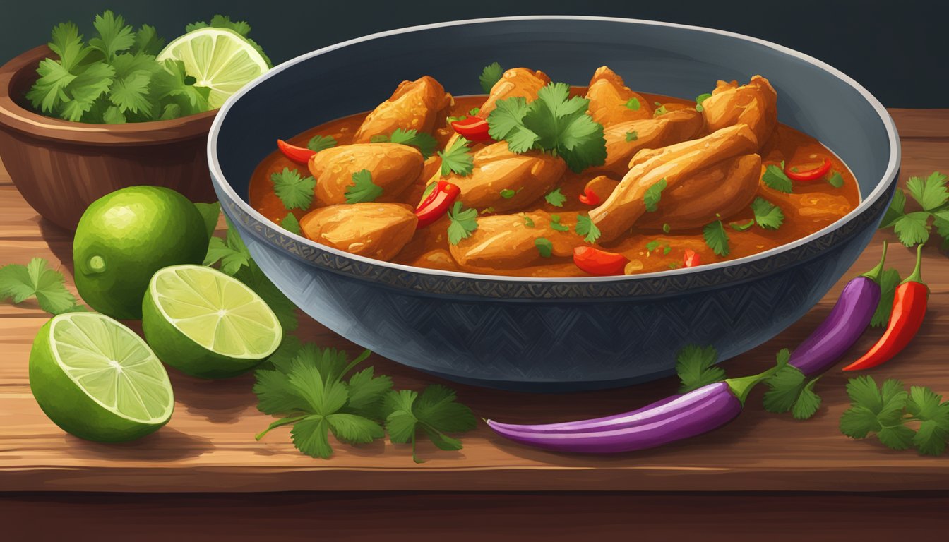 A steaming bowl of chicken vindaloo sits on a wooden table, surrounded by vibrant garnishes such as cilantro, lime wedges, and sliced red chilies