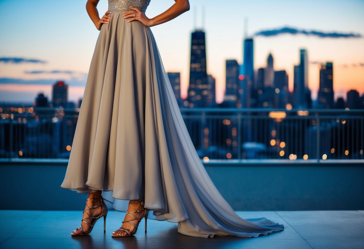 A long dress with flowing fabric, paired with strappy high heels, set against a backdrop of a city skyline at dusk
