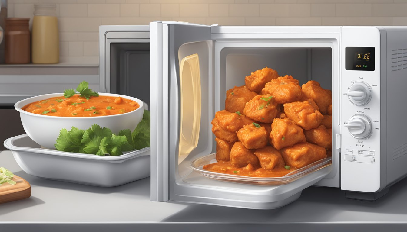 A microwave with a plate of chicken tikka masala covered with a microwave-safe lid