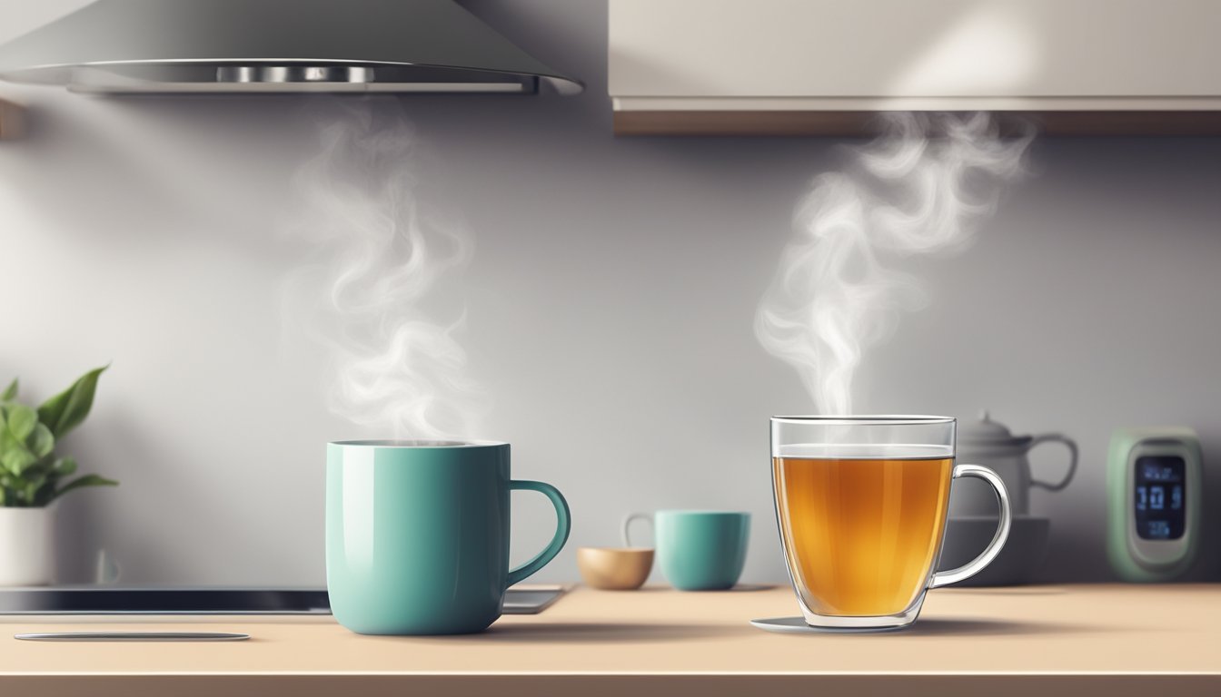 A cup of tea with artificial sweetener sits on a clean, modern kitchen counter, steam rising from the mug. A clock on the wall indicates the passing of time