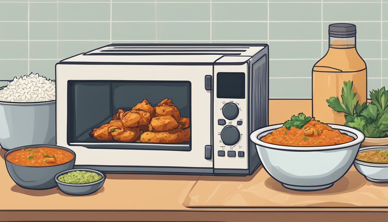 A microwave with a plate of chicken tikka masala and a bowl of rice next to it