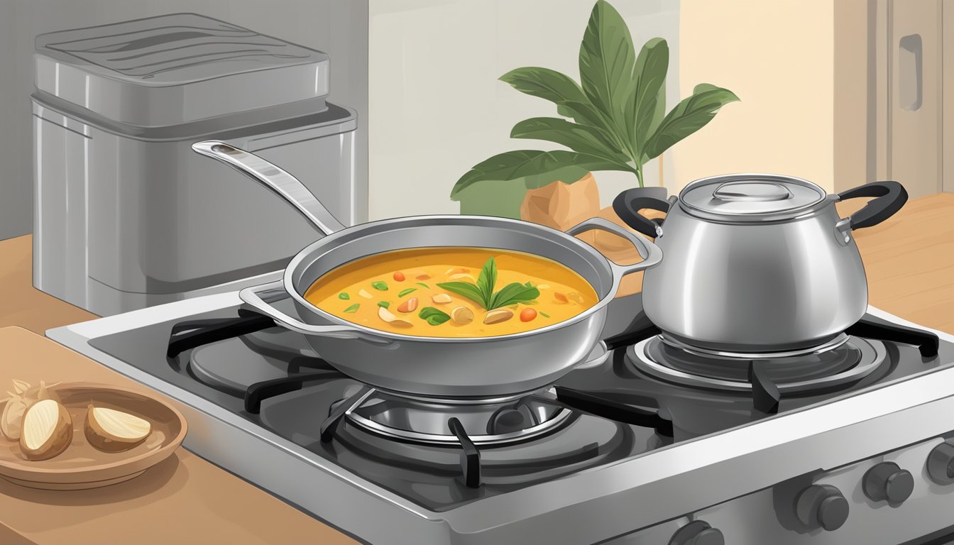 A pot of coconut curry soup sits on a stovetop, with a ladle resting beside it. The stove is turned on and a gentle heat warms the soup