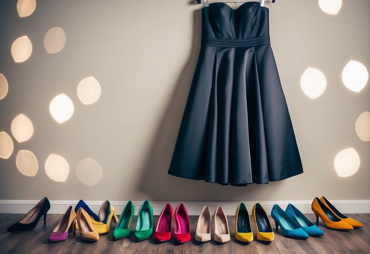 A black dress hanging on a hanger with a variety of colorful shoes scattered on the floor around it