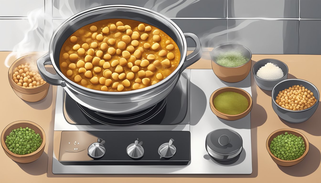 A bowl of chickpea curry being gently reheated on a stovetop, with steam rising and aromatic spices filling the air