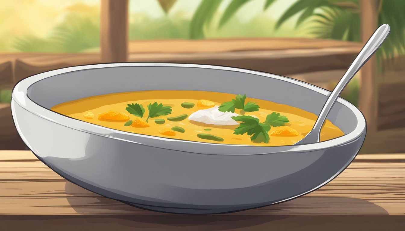 A steaming bowl of coconut curry soup sits on a rustic wooden table, accompanied by a spoon and a slice of crusty bread