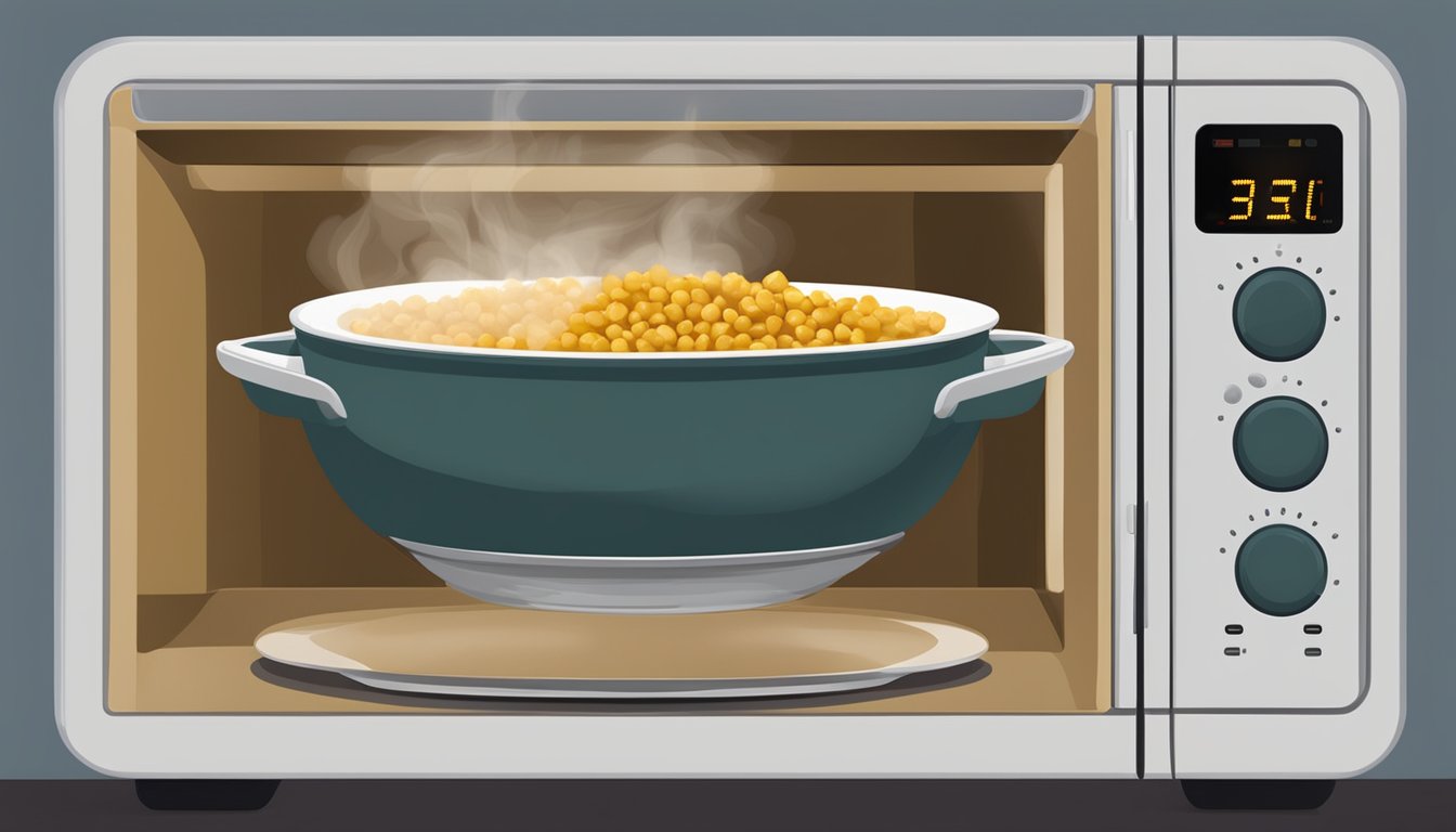 A bowl of chickpea curry being heated in a microwave, steam rising from the surface, with a fork resting on the side