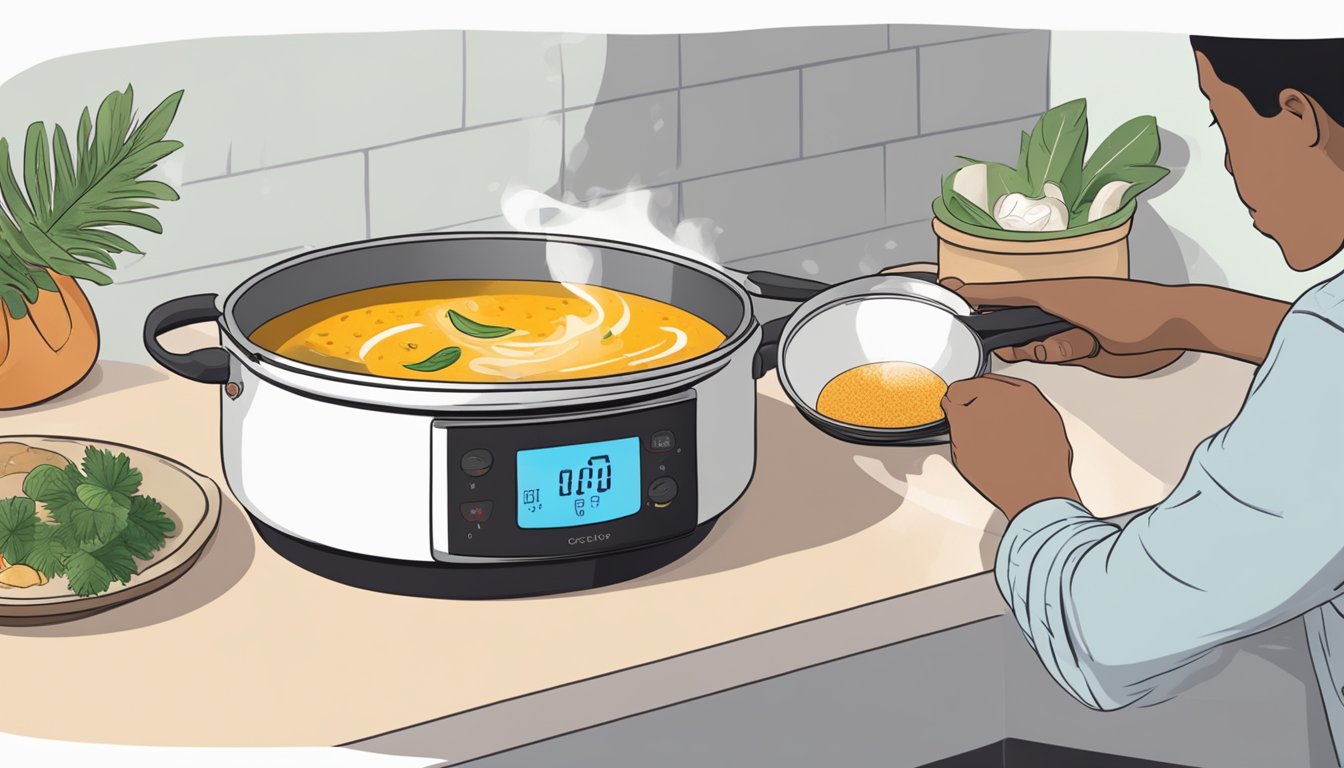 A person placing a covered pot of coconut curry soup on a stovetop, setting the heat to low, and using a timer