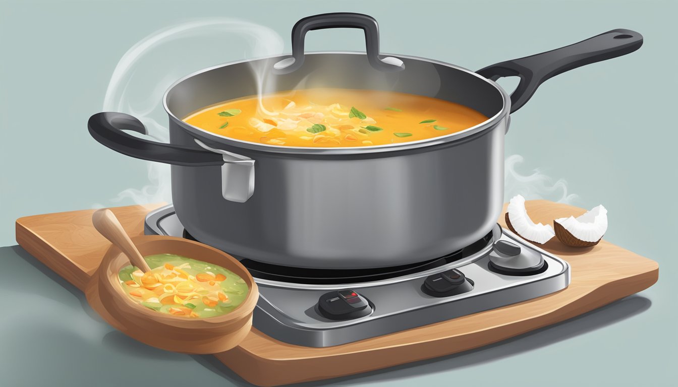 A pot of leftover coconut curry soup being reheated on a stovetop, with steam rising and a ladle resting on the side